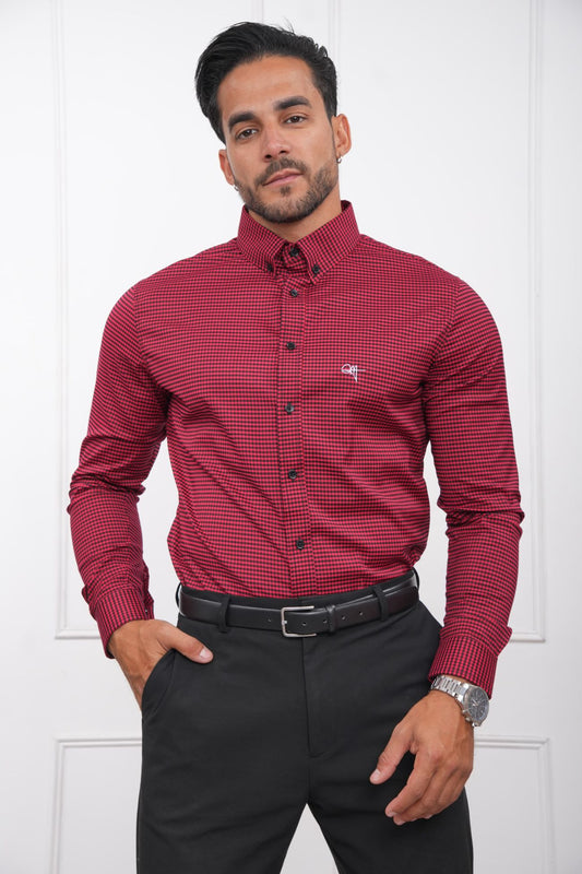 Camisa slim fit de cuadros rojos para hombre, cuello camisero y manga larga – Moda peruana MEHIVIC