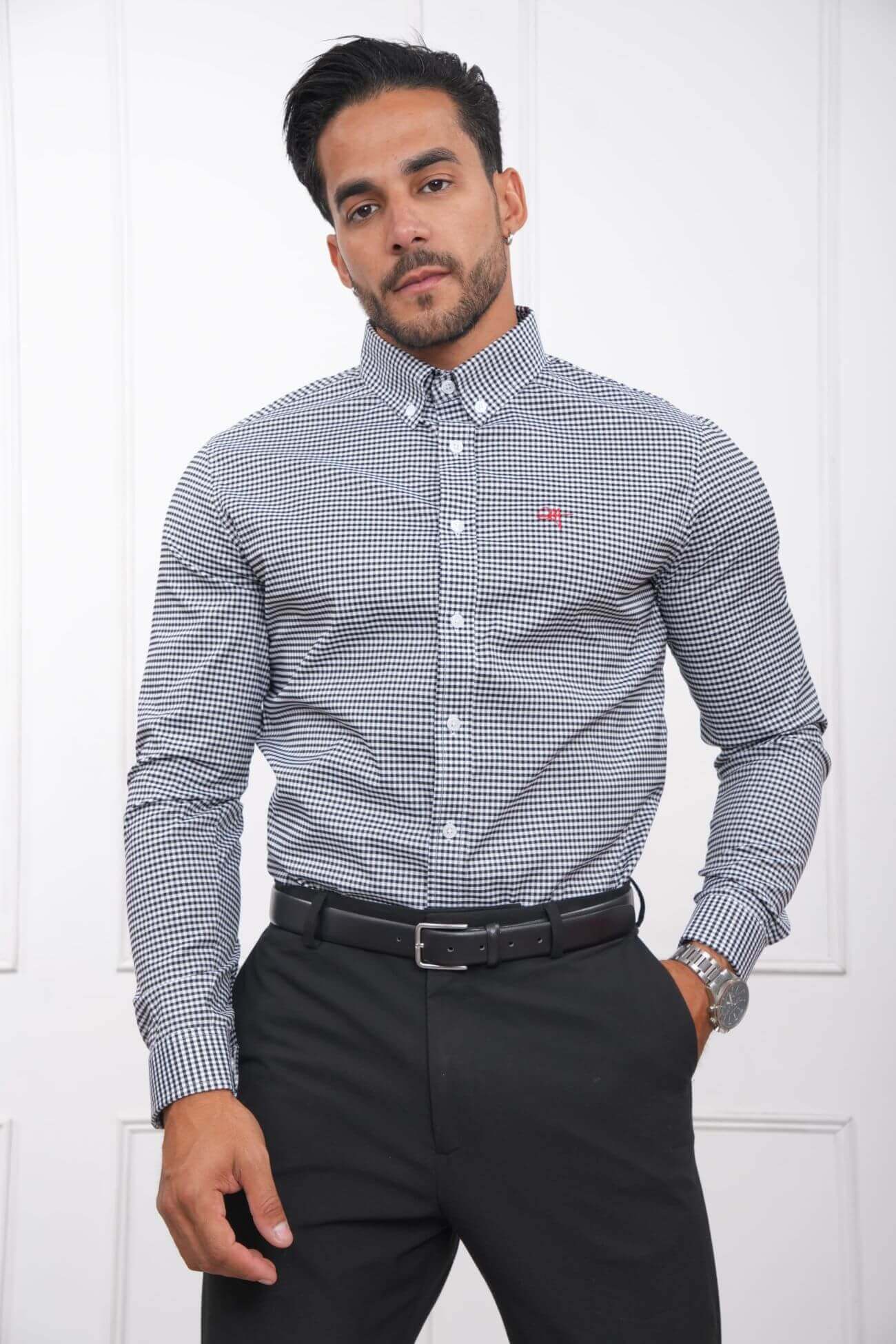 Camisa de cuadros negros slim fit para hombre, con cuello camisero y manga larga – Elegancia MEHIVIC