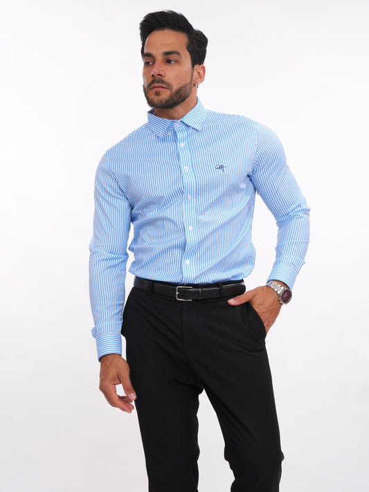 Camisa slim fit celeste con rayas para hombre, manga larga y cuello camisero – Estilo MEHIVIC