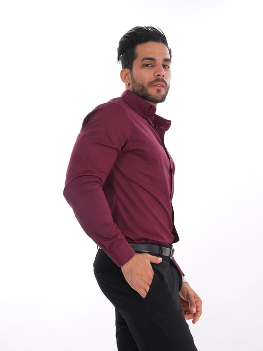 Camisa color vino para hombre, corte slim fit, manga larga y cuello camisero – MEHIVIC Perú