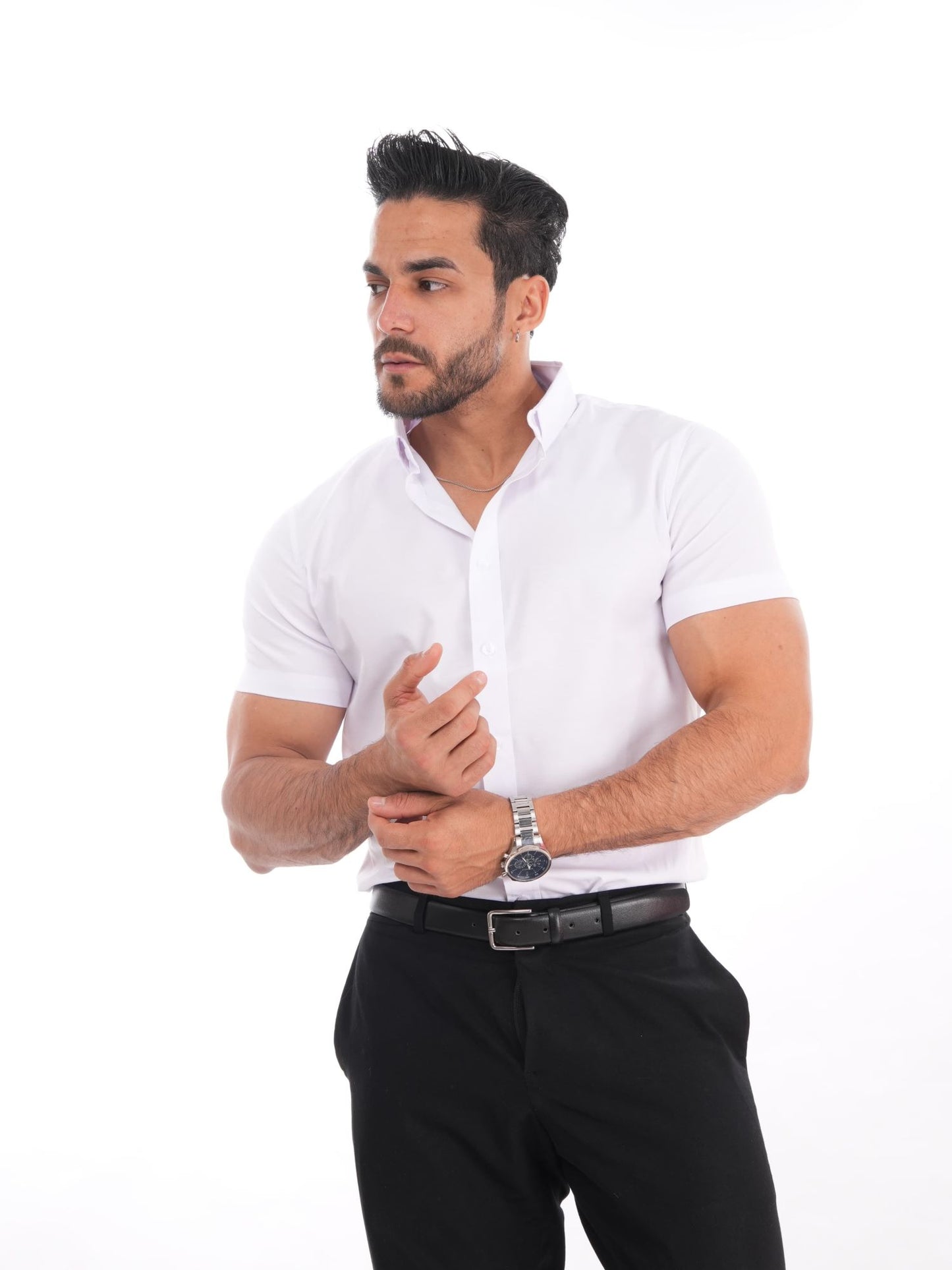 Camisa blanca slim fit para hombre, de manga corta y cuello camisero – MEHIVIC