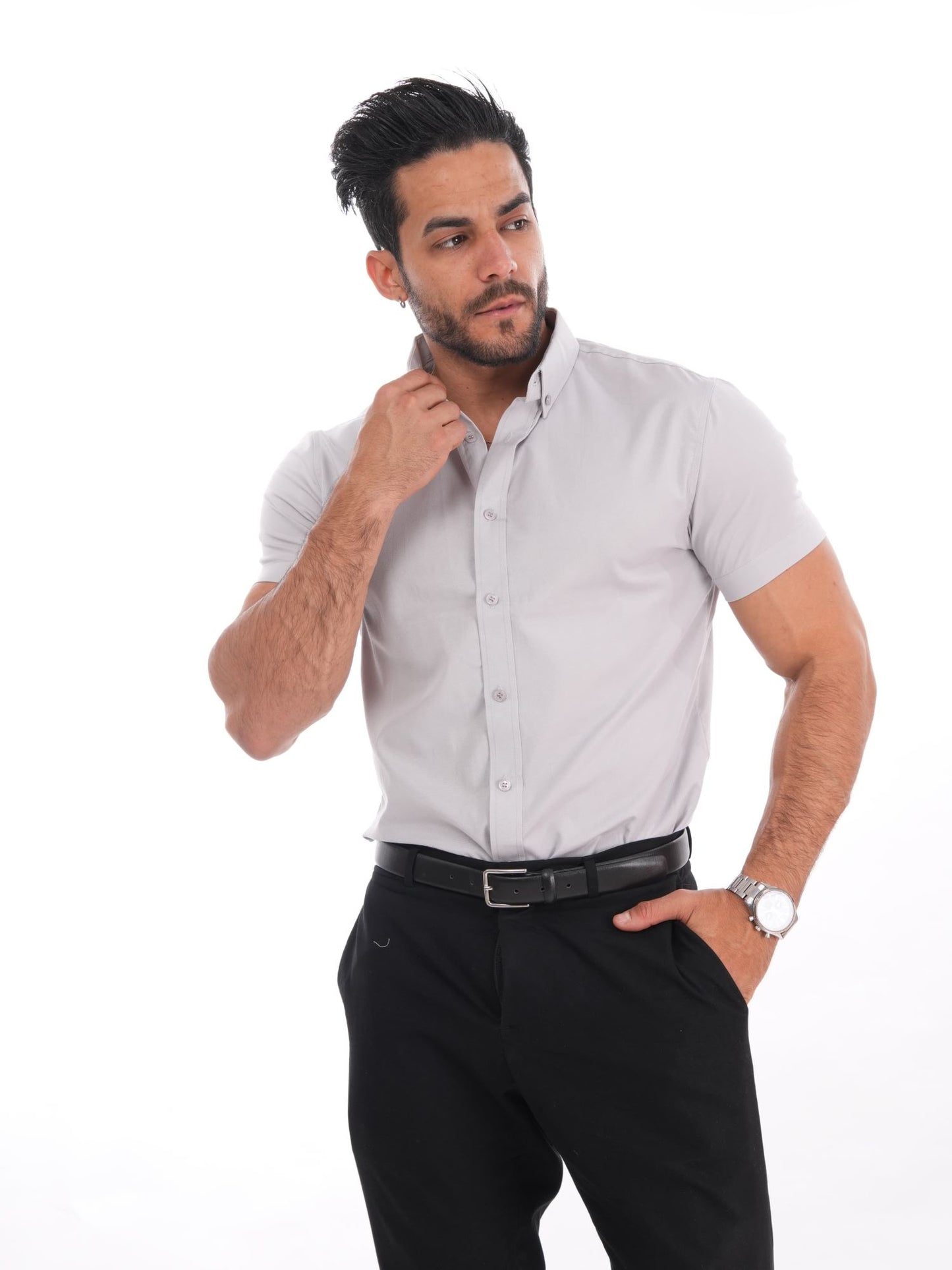 Camisa gris slim fit para hombre con cuello camisero y manga corta – MEHIVIC