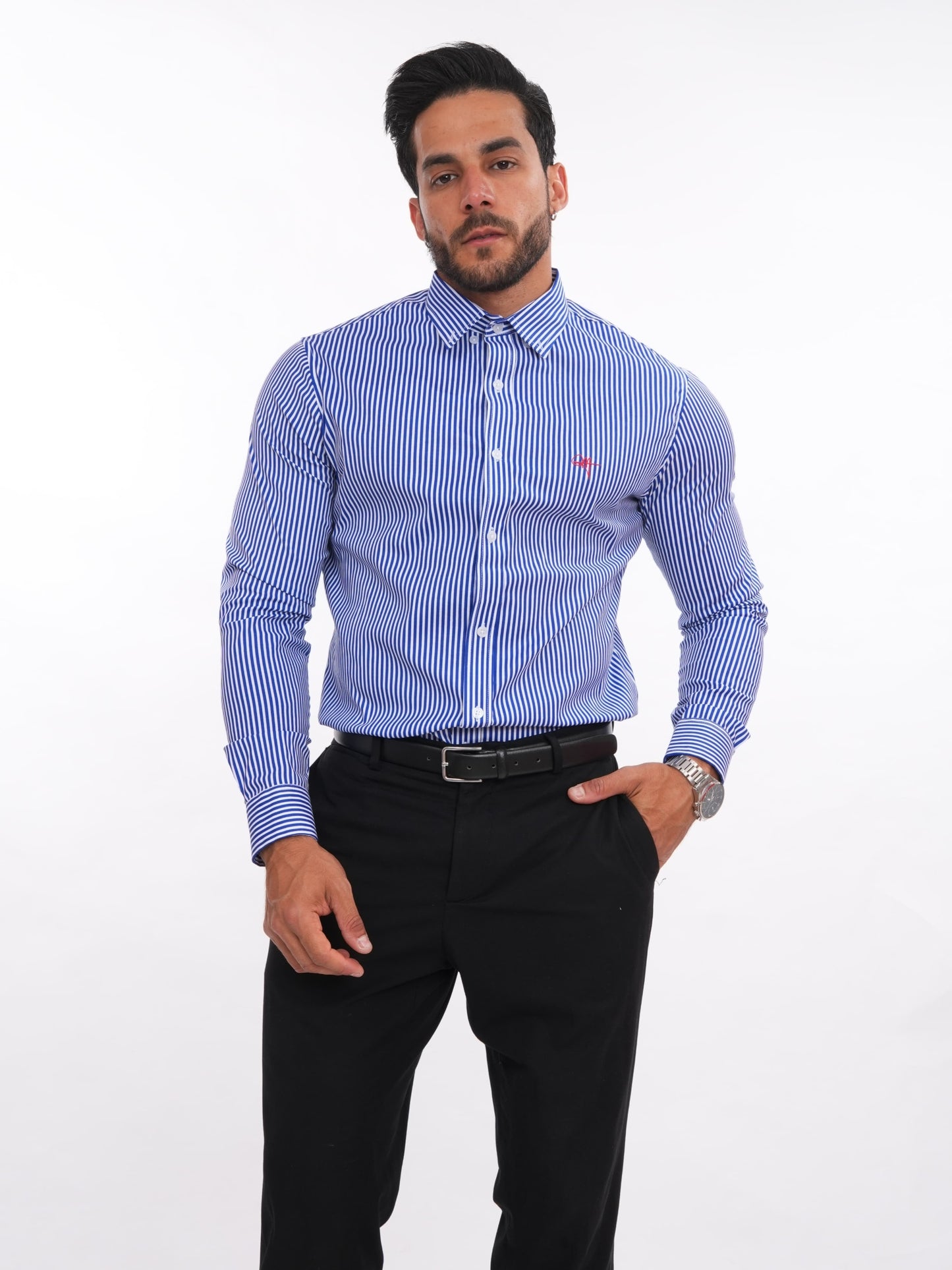 Camisa de rayas azul italiano para hombre, slim fit de manga larga y cuello camisero – MEHIVIC Perú