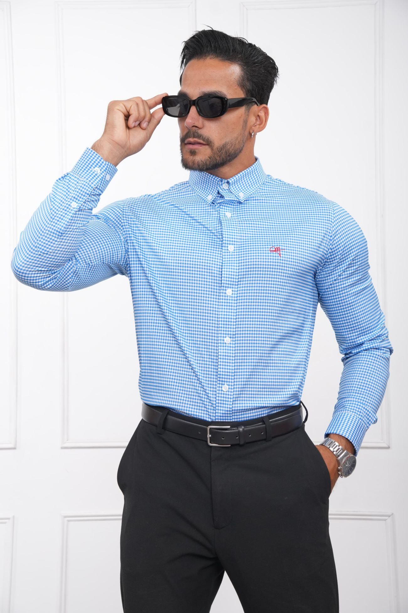 Camisa slim fit de cuadros celeste para hombre, manga larga y cuello camisero – MEHIVIC