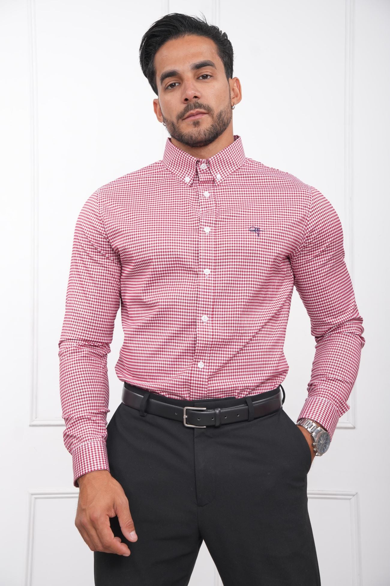 Camisa de cuadros color oro rosa para hombre, corte slim fit, cuello camisero y manga larga – MEHIVIC