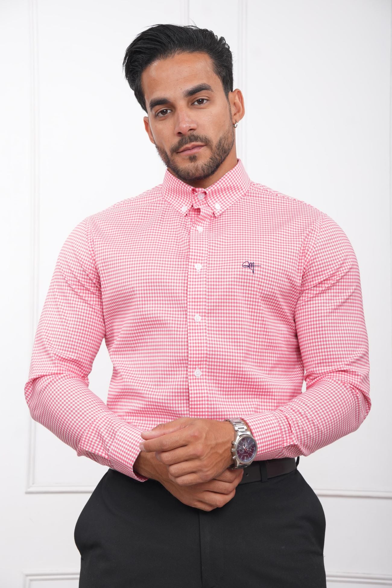 Camisa de cuadros rosados para hombre, slim fit de manga larga con cuello camisero – MEHIVIC Perú
