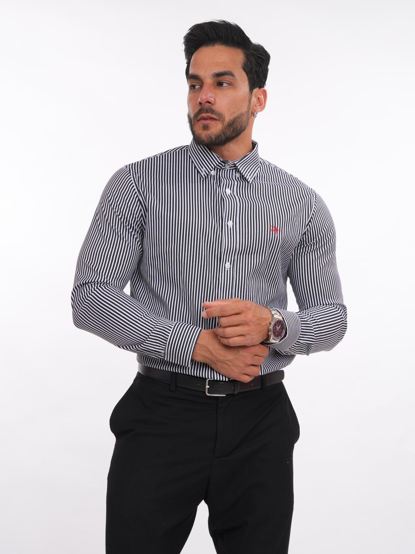 Camisa negra de rayas para hombre, slim fit de manga larga con cuello camisero – Elegancia MEHIVIC