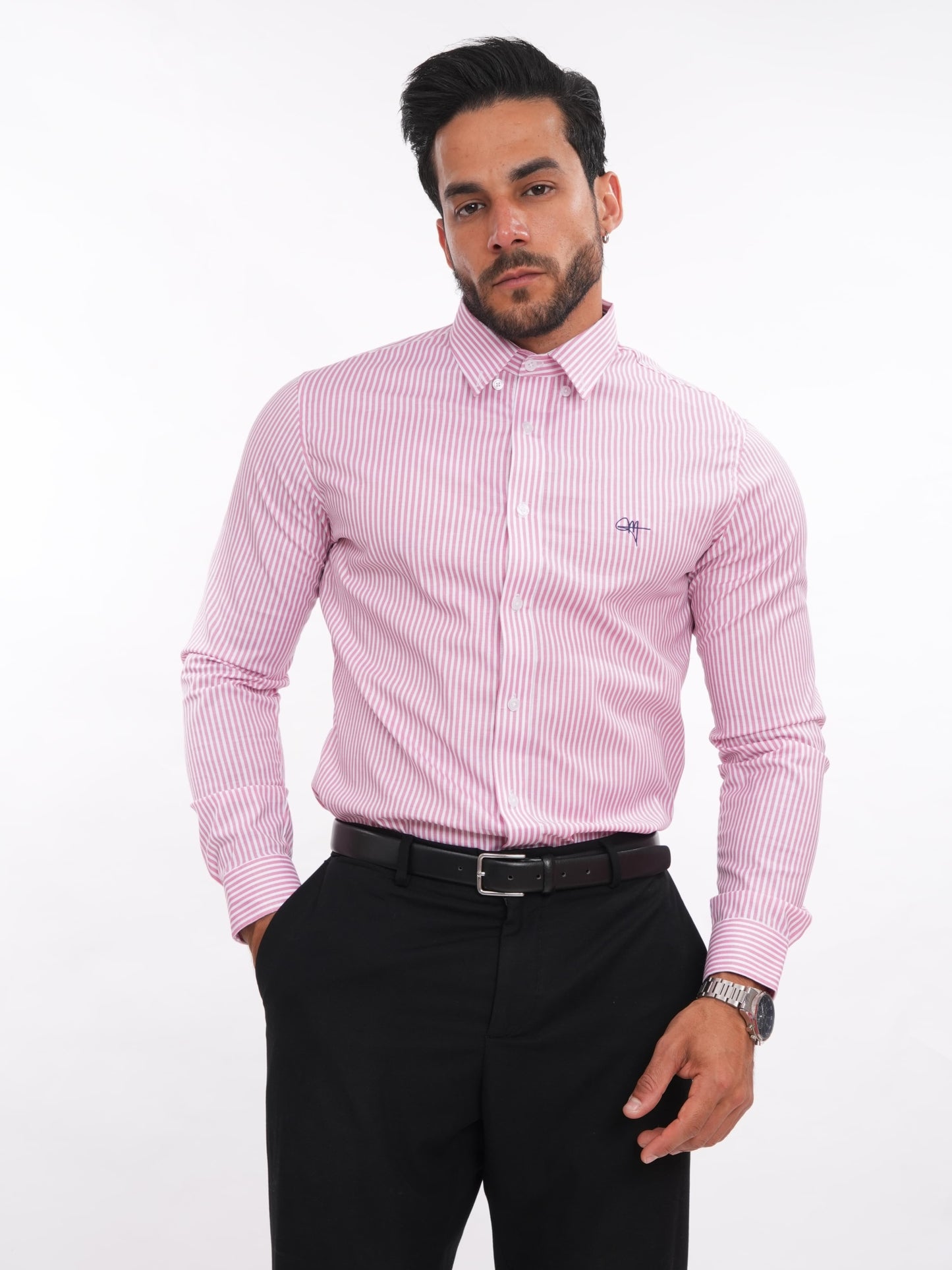 Camisa rosada con rayas para hombre, slim fit con cuello camisero y manga larga – Moda MEHIVIC