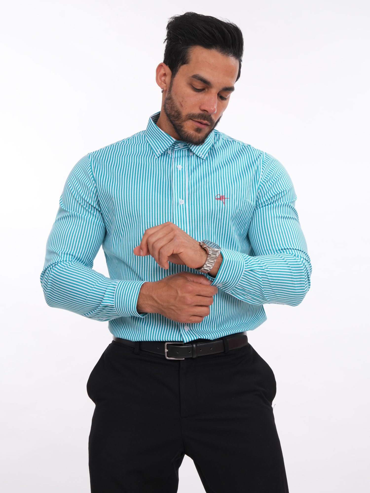 Camisa slim fit con rayas verde jade para hombre, manga larga y cuello camisero – Camisas MEHIVIC Perú