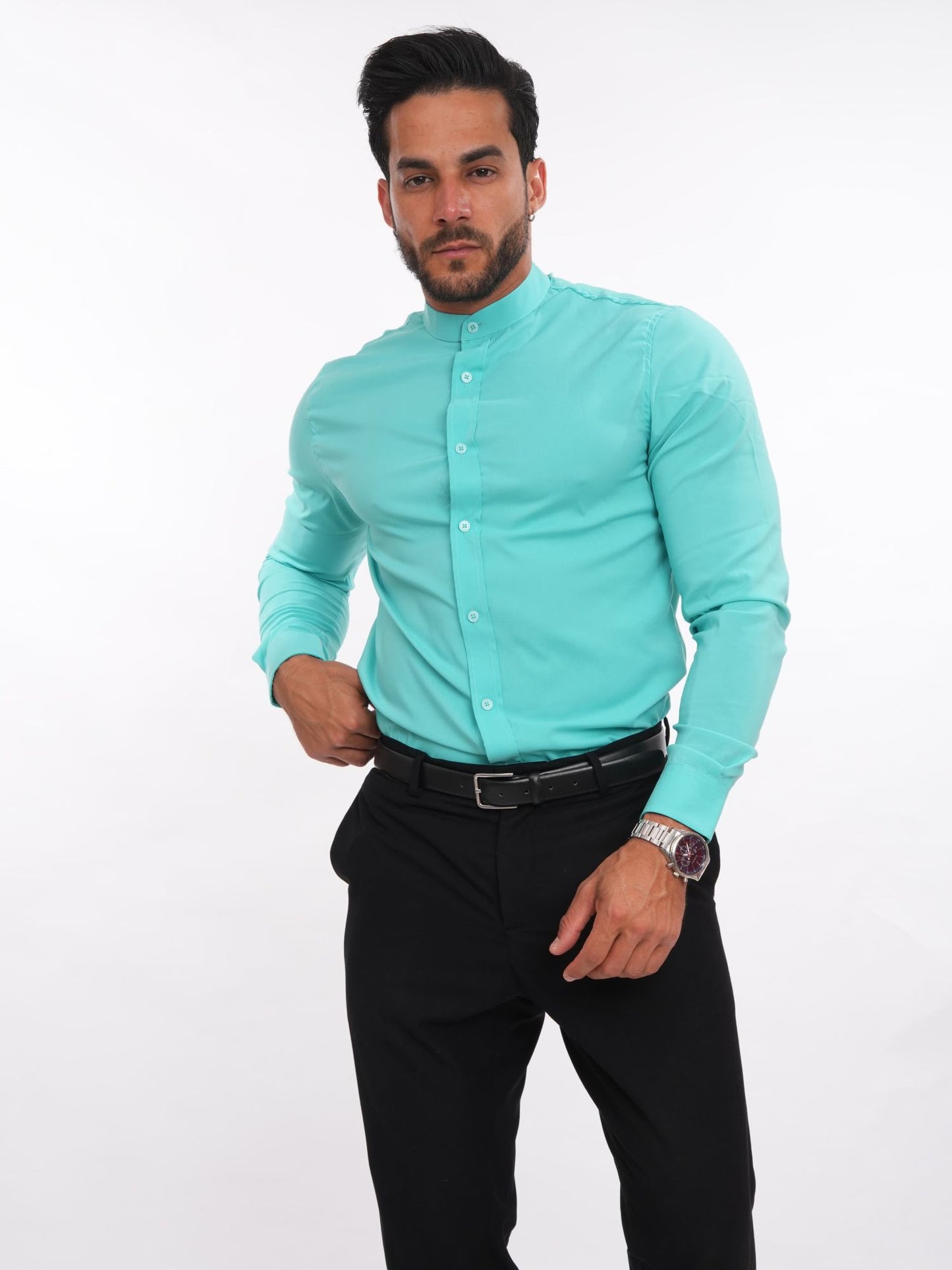 Camisa verde jade slim fit para hombre con cuello Neru y manga larga – MEHIVIC Perú