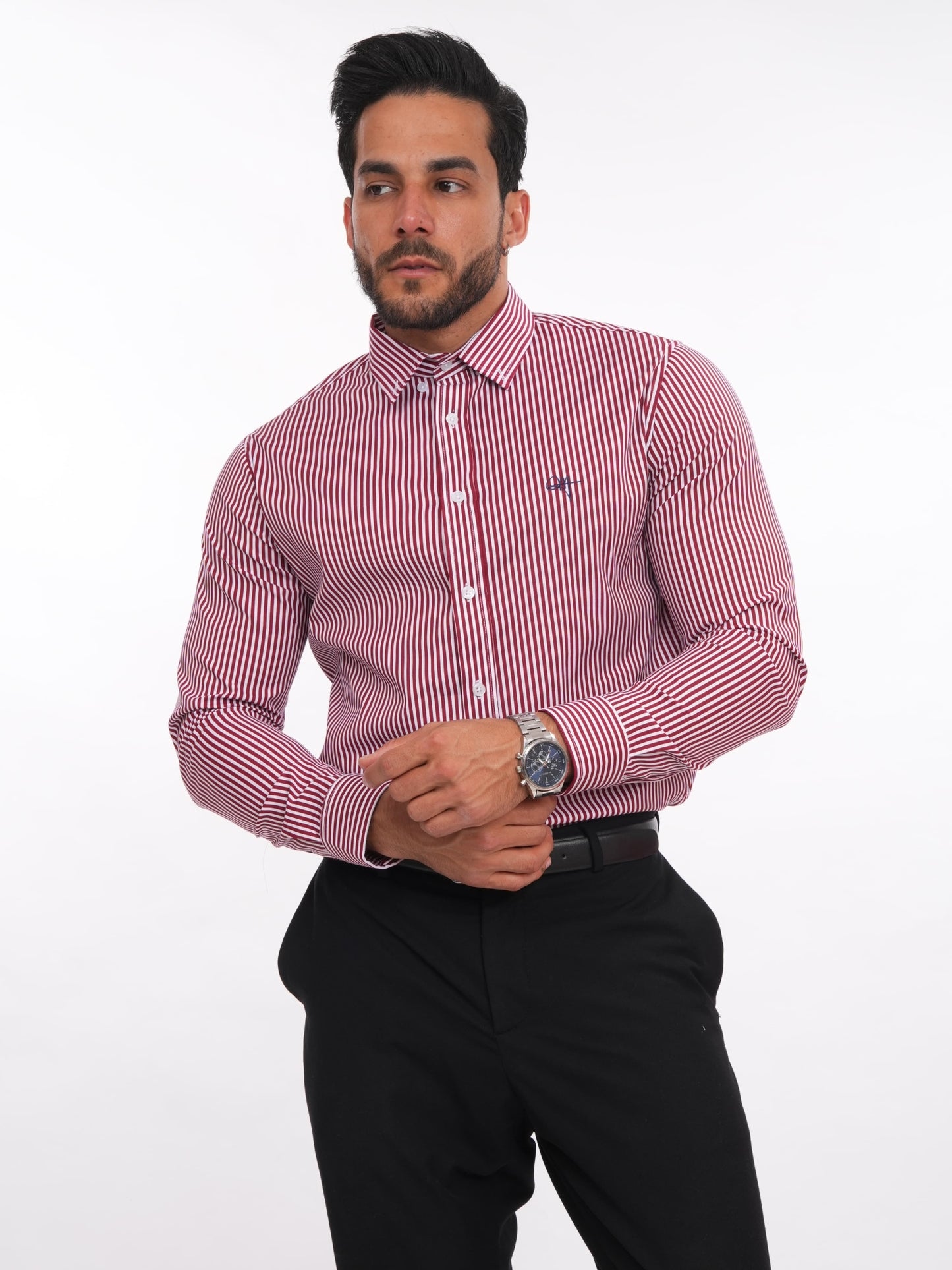 Camisa de rayas color vino para hombre, manga larga y cuello camisero, corte slim fit – MEHIVIC Perú