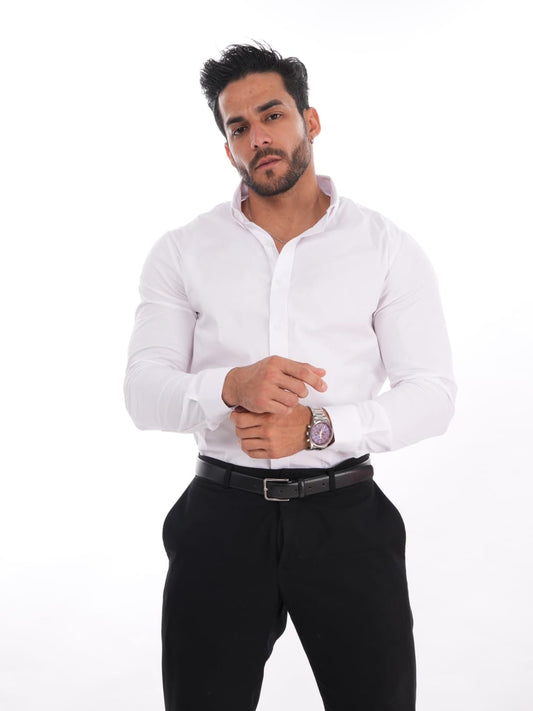 Camisa blanca de hombre, slim fit con manga larga y cuello camisero – Estilo clásico MEHIVIC