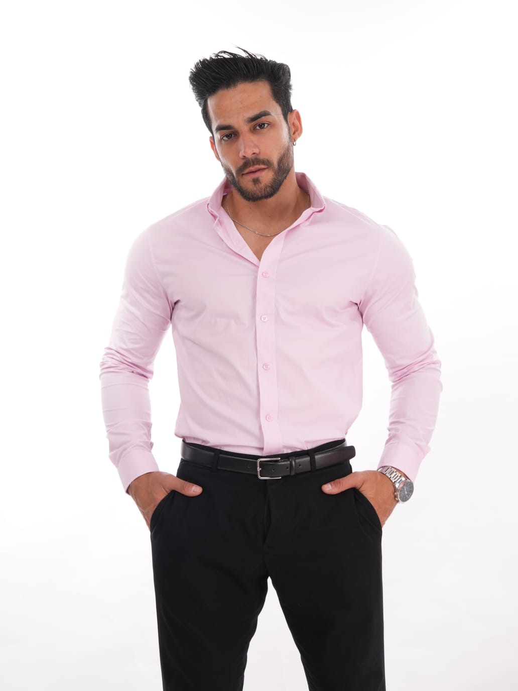 Camisa rosada slim fit para hombre, manga larga con cuello camisero – Camisas MEHIVIC Perú