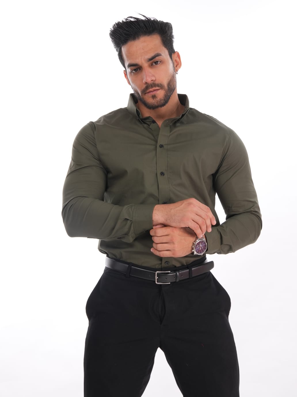 Camisa verde militar slim fit para hombre, manga larga con cuello camisero – MEHIVIC