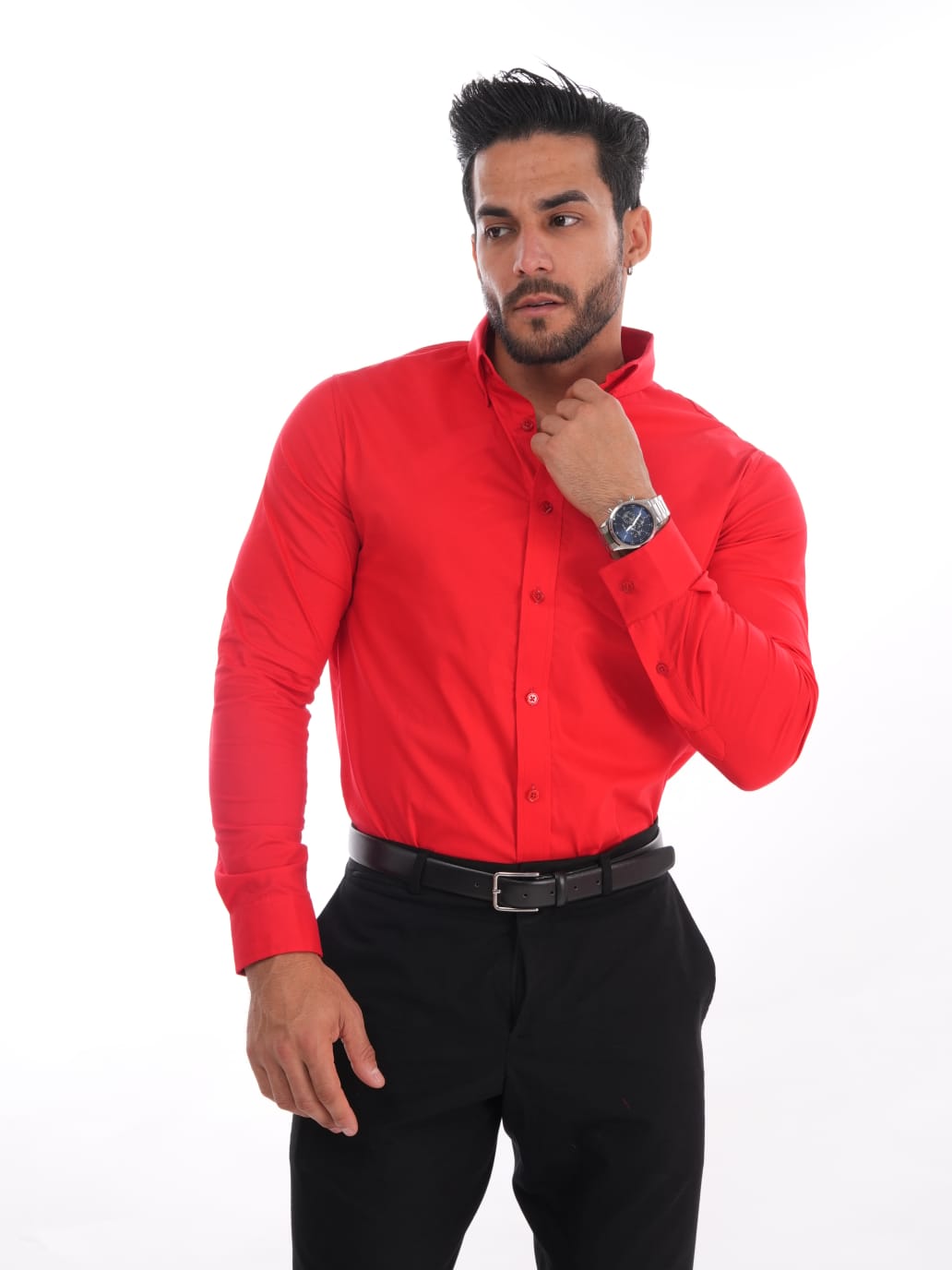 Camisa roja slim fit de manga larga para hombre, cuello camisero – Diseño peruano MEHIVIC