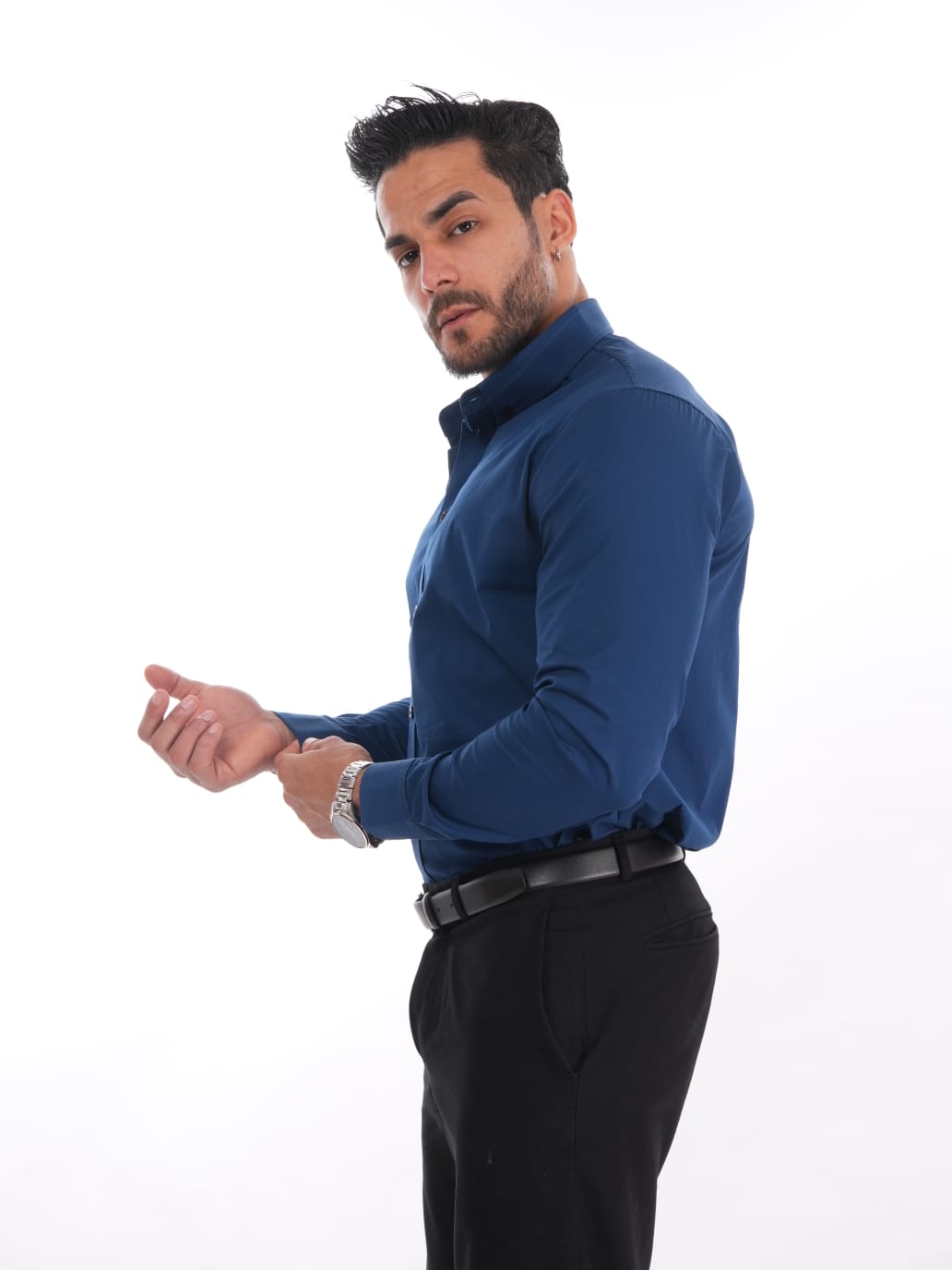 Camisa azul acero slim fit para hombre, manga larga con cuello camisero – Moda elegante MEHIVIC