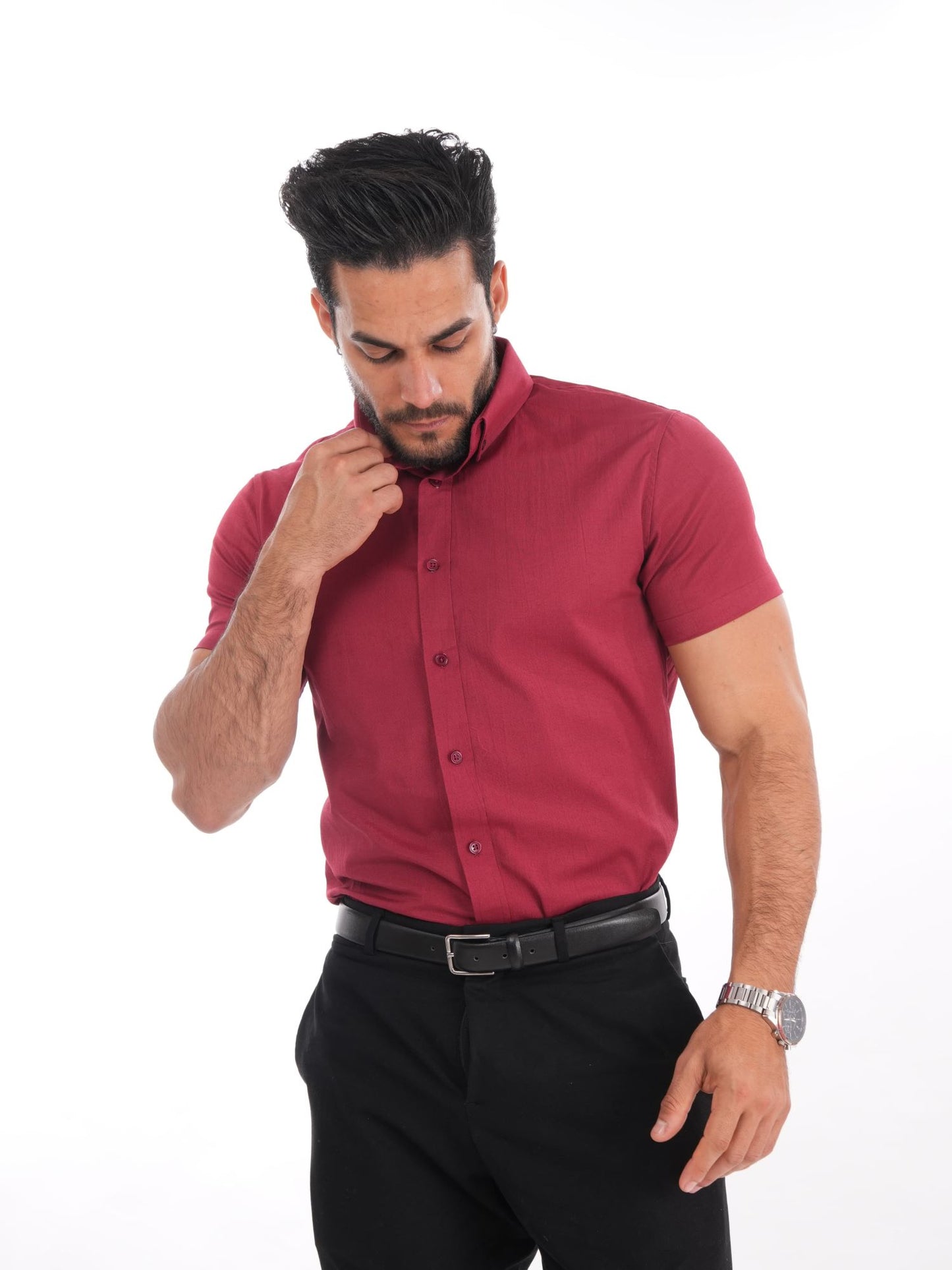 Camisa Slim Fit de Hombre – Color Entero, Manga Corta, Cuello Camisero -MEHIVIC